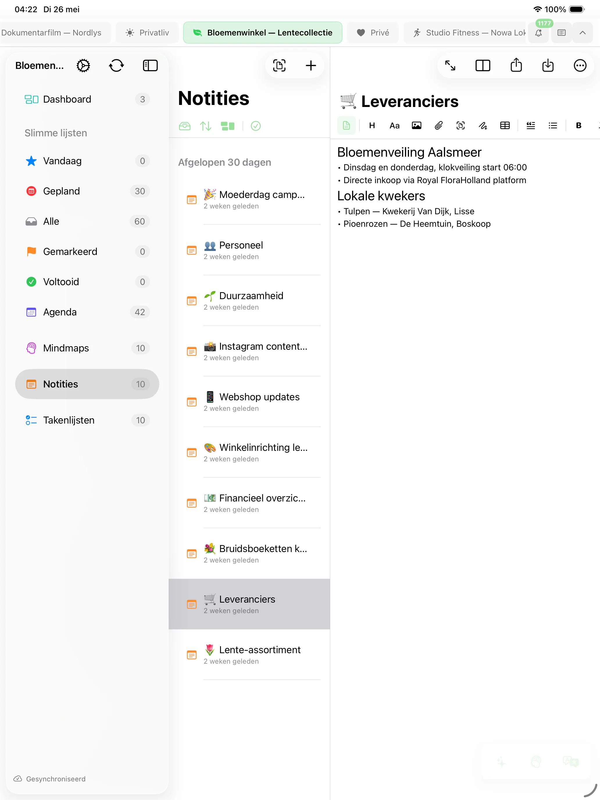 Mintofu draait op Mac, iPad en iPhone — toont de notitie-editor, mindmap-canvas en takenlijst met prioriteiten