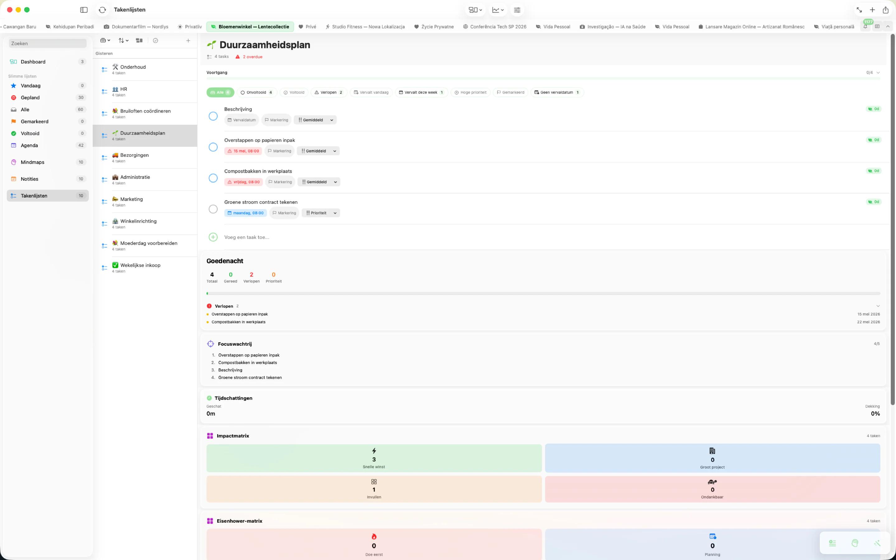 Mintofu draait op Mac, iPad en iPhone — toont de notitie-editor, mindmap-canvas en takenlijst met prioriteiten