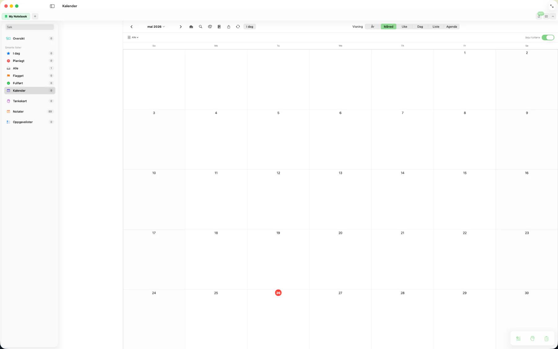 Mintofu kalender månedsvisning med oppgave- og hendelsesindikatorer