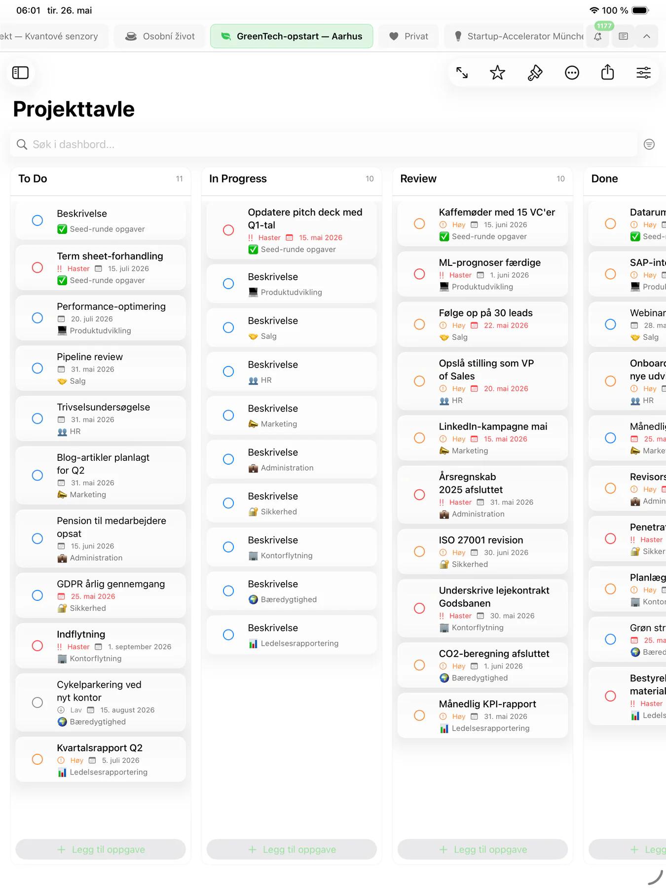 Mintofu kanban-tavle med oppgavekort organisert i arbeidsflytkolonner