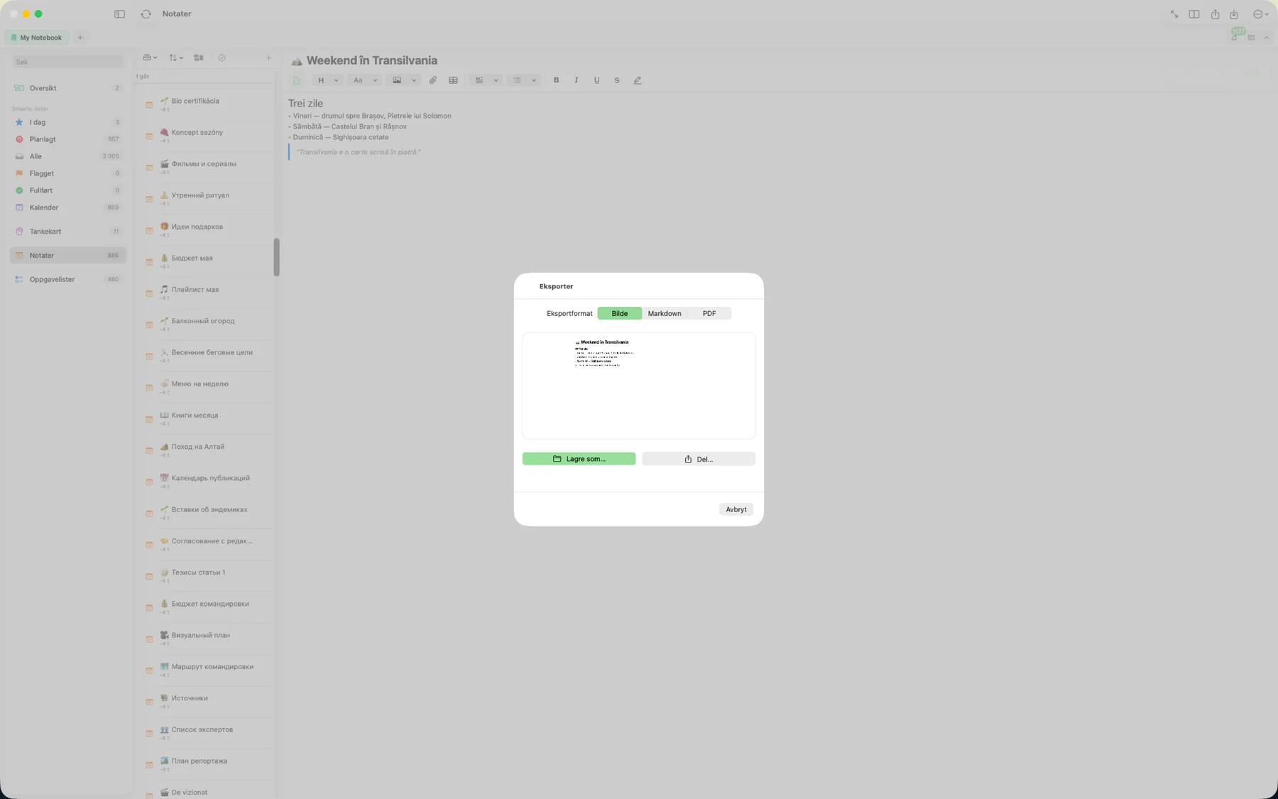 Mintofu eksportdialog som viser PDF-, Markdown-, Bilde- og iCalendar-formatalternativer