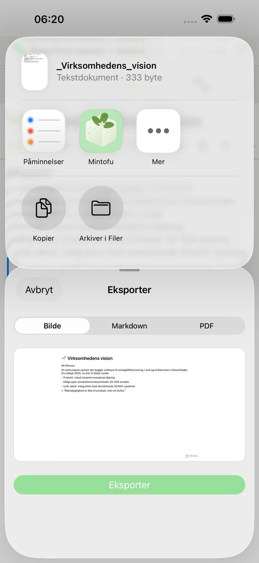 Mintofu delingsmeny med AirDrop-, e-post- og Meldinger-delingsalternativer
