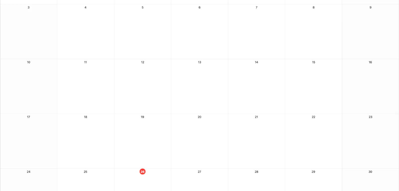 Mintofu-kalender med månedsvisning og hendelsesindikatorer