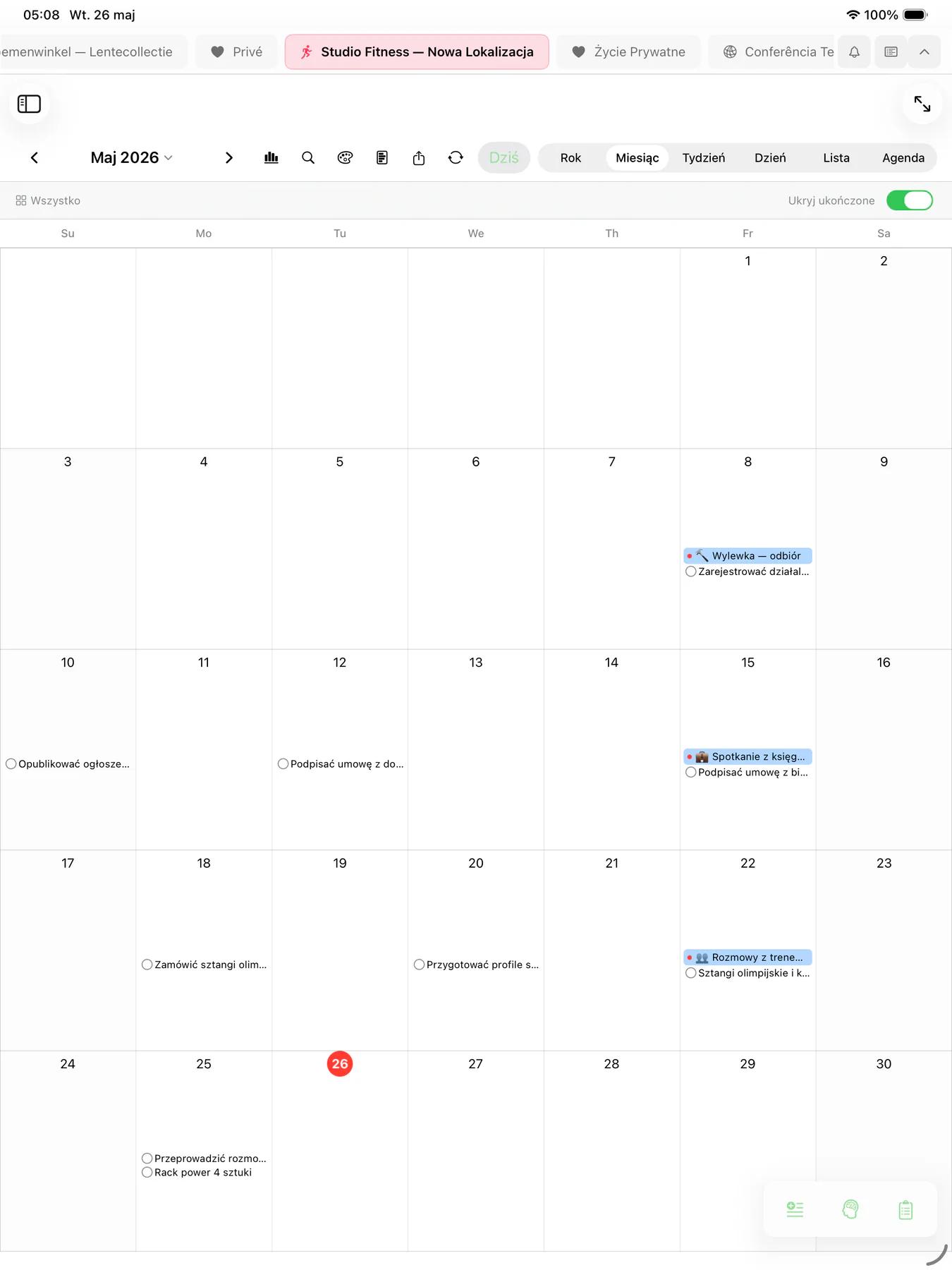 Kalendarz Mintofu, dzienna agenda z blokami godzinowymi i zaplanowanymi zadaniami