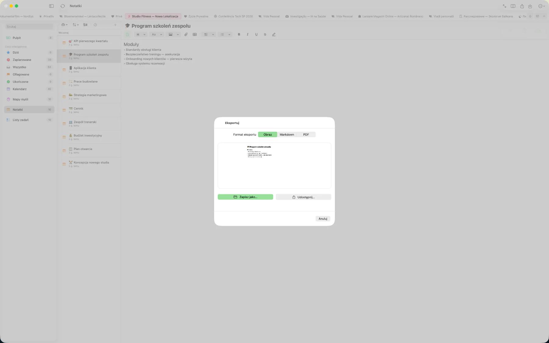 Okno dialogowe eksportu Mintofu pokazujące opcje formatów PDF, Markdown, obraz i iCalendar