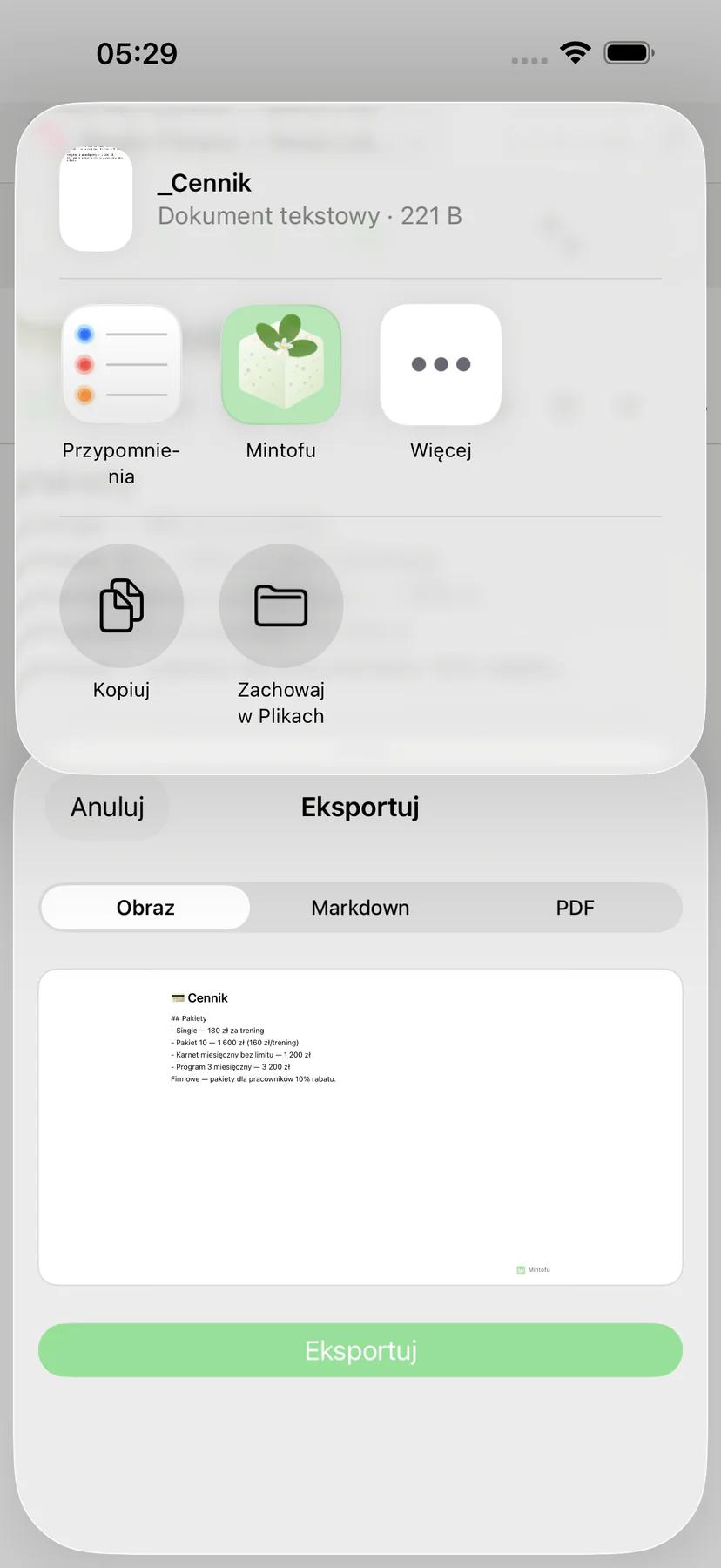 Arkusz udostępniania Mintofu z opcjami AirDrop, e-mail i Wiadomości
