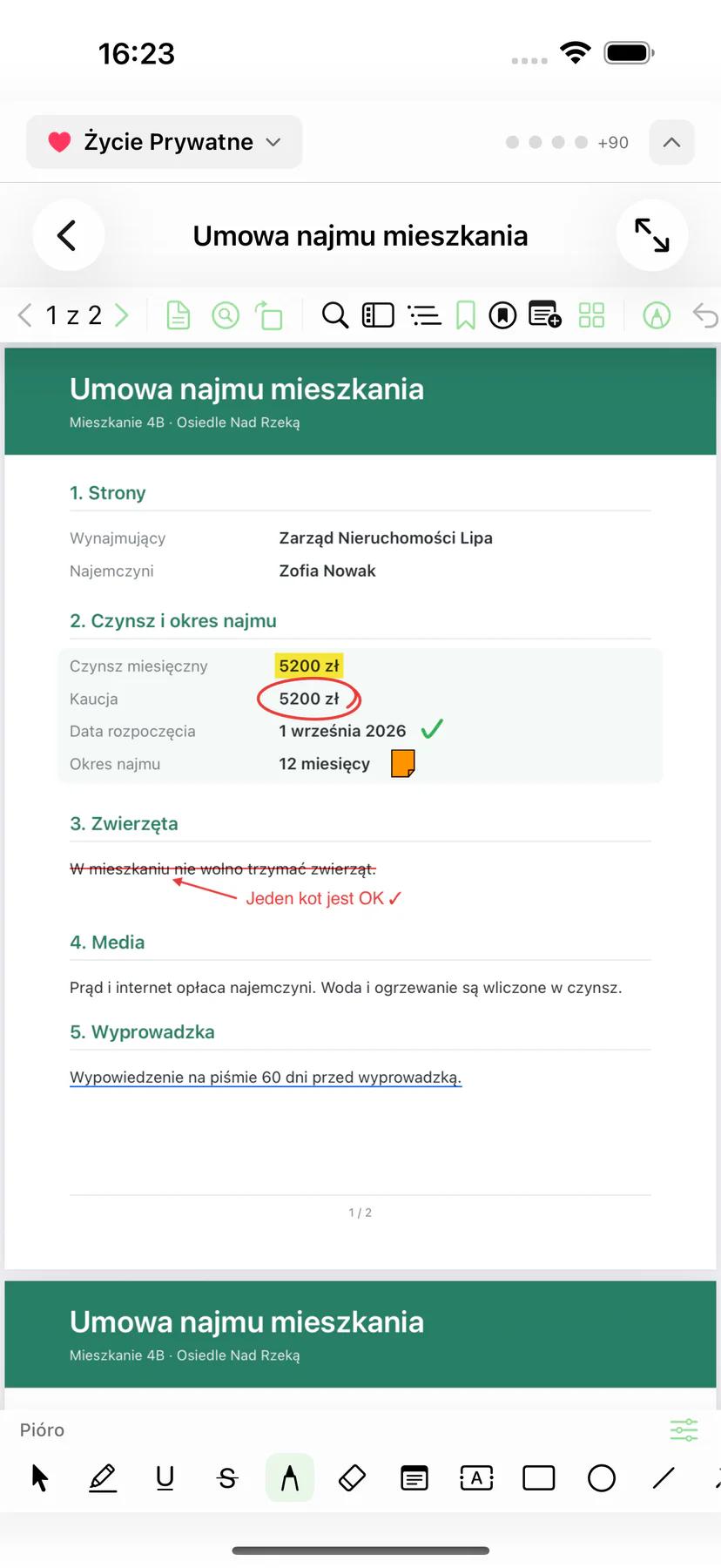 Mintofu na iPhonie z plikiem PDF z adnotacjami i paskiem narzędzi adnotacji
