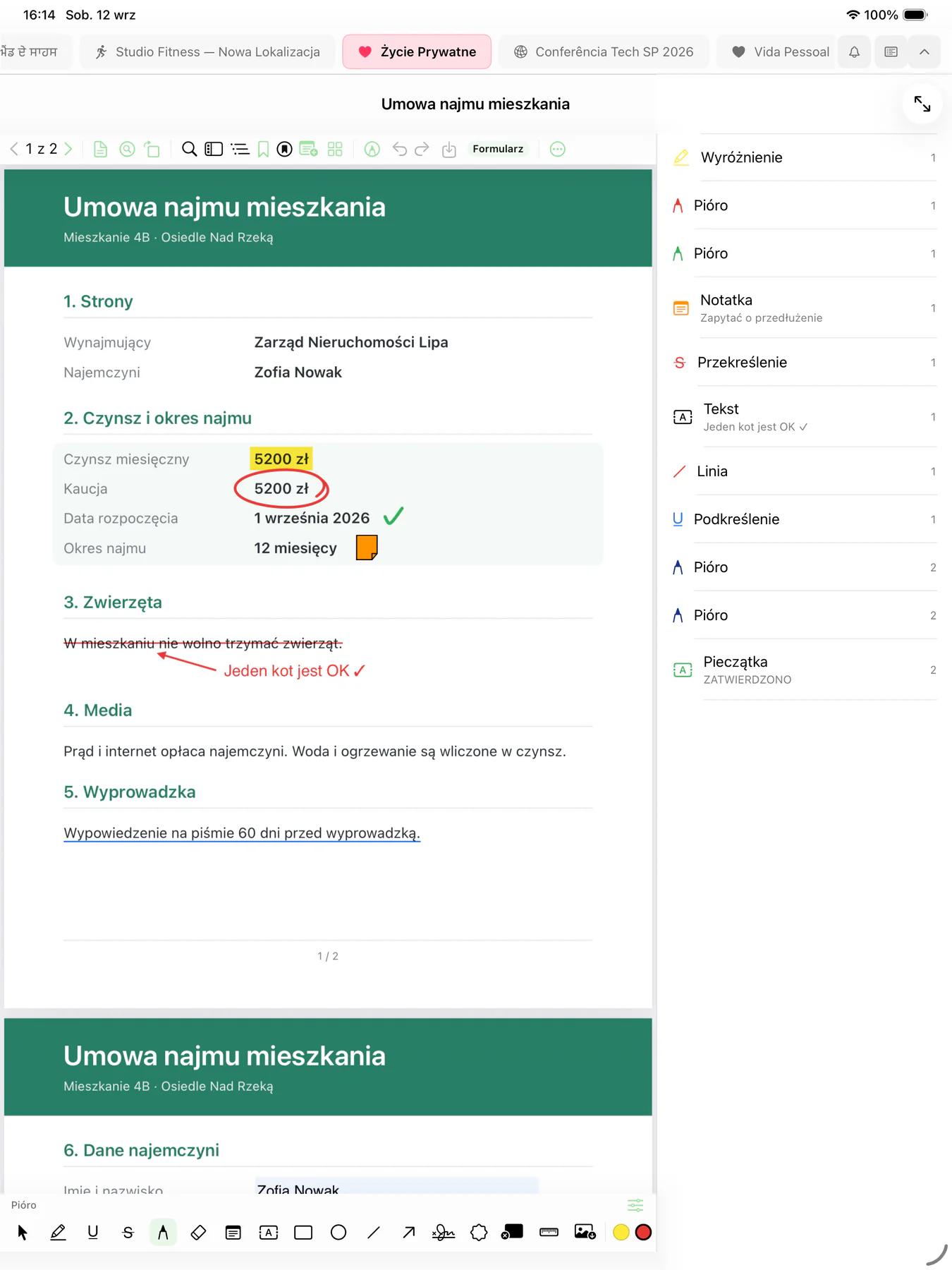 Mintofu na iPadzie z umową najmu w PDF z zakreśleniem, kwotą obwiedzioną kółkiem, przekreśleniem z odręczną notatką i karteczką, obok lista adnotacji