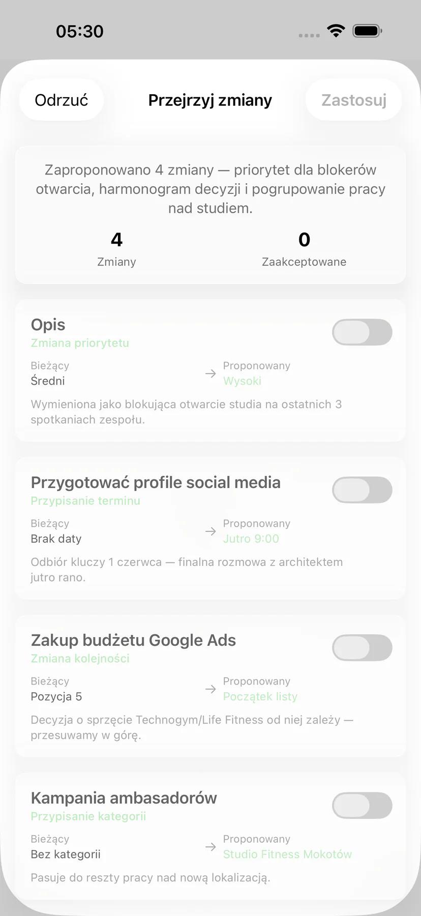 Opcje przypomnienia o zadaniu Mintofu z elastycznym wyborem czasu