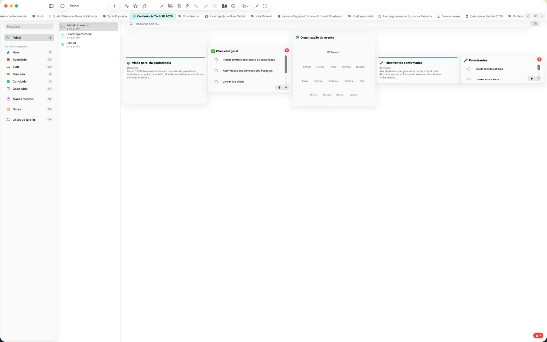 Visão geral do painel do Mintofu com widgets redimensionáveis de notas, tarefas e calendário