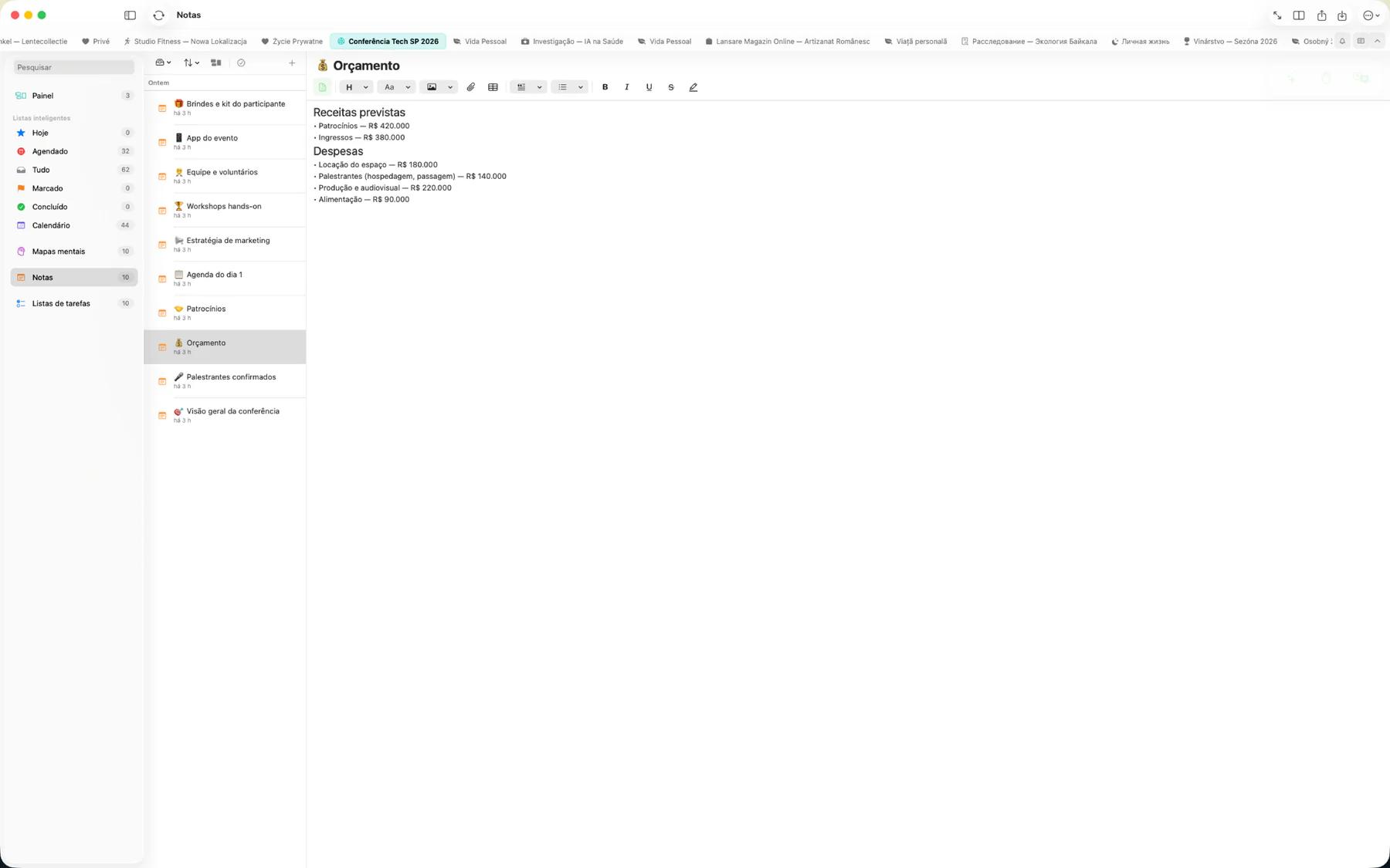 Editor de notas do Mintofu mostrando formatação rica com títulos, negrito e destaques de cor