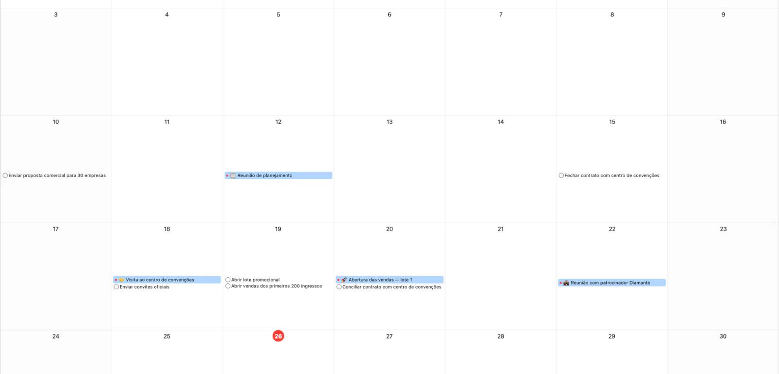 Calendário do Mintofu com visão mensal e indicadores de eventos