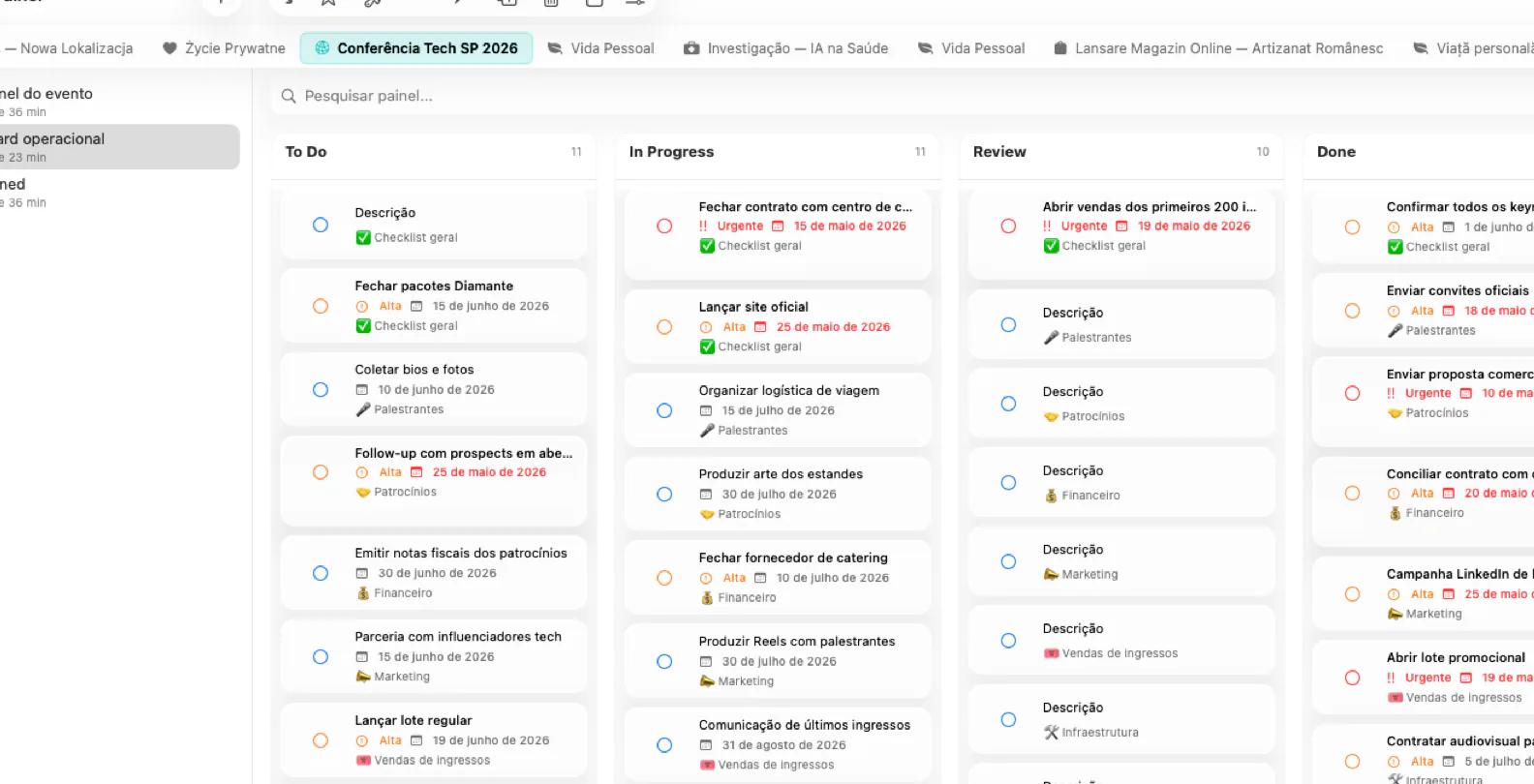 Painel do Mintofu com quadro kanban e widgets