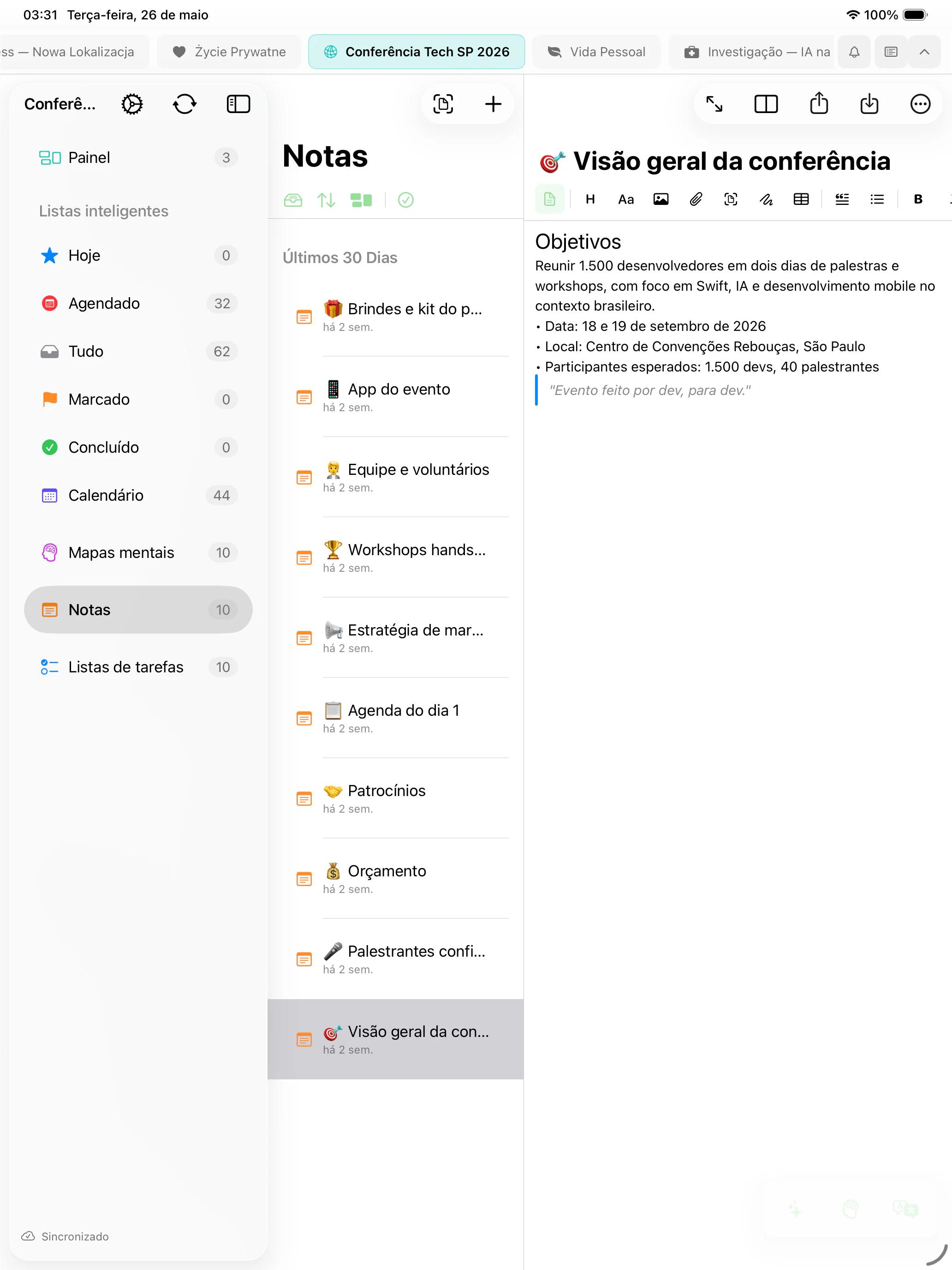 Mintofu rodando no Mac, iPad e iPhone — mostrando o editor de notas, o quadro de mapa mental e a lista de tarefas com prioridades