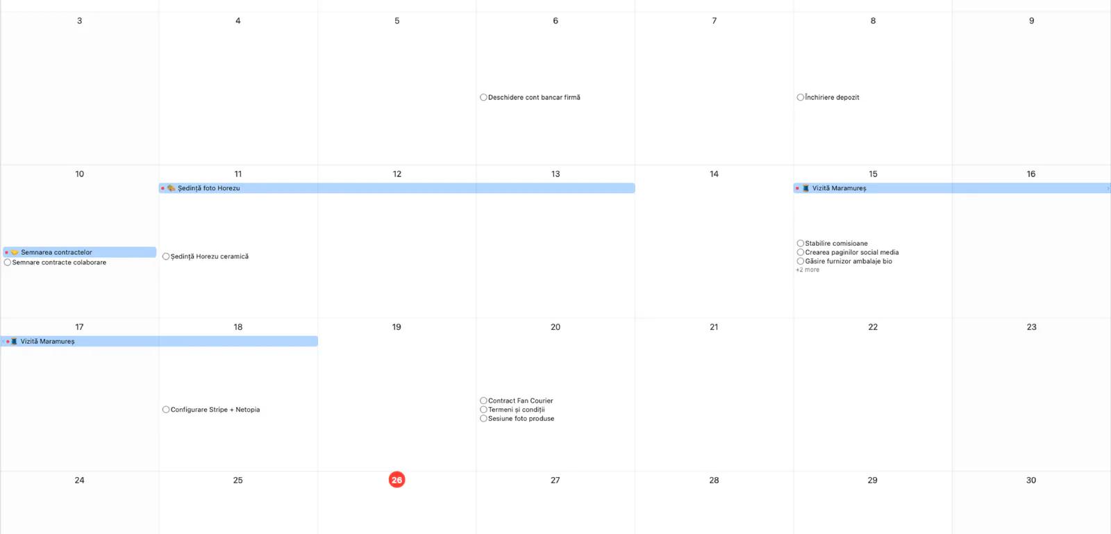 Calendar Mintofu în vederea lunară cu indicatoare de evenimente