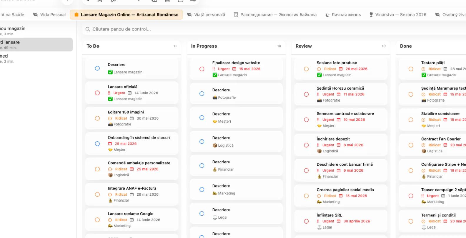 Tablou de bord Mintofu cu panou kanban și widget-uri