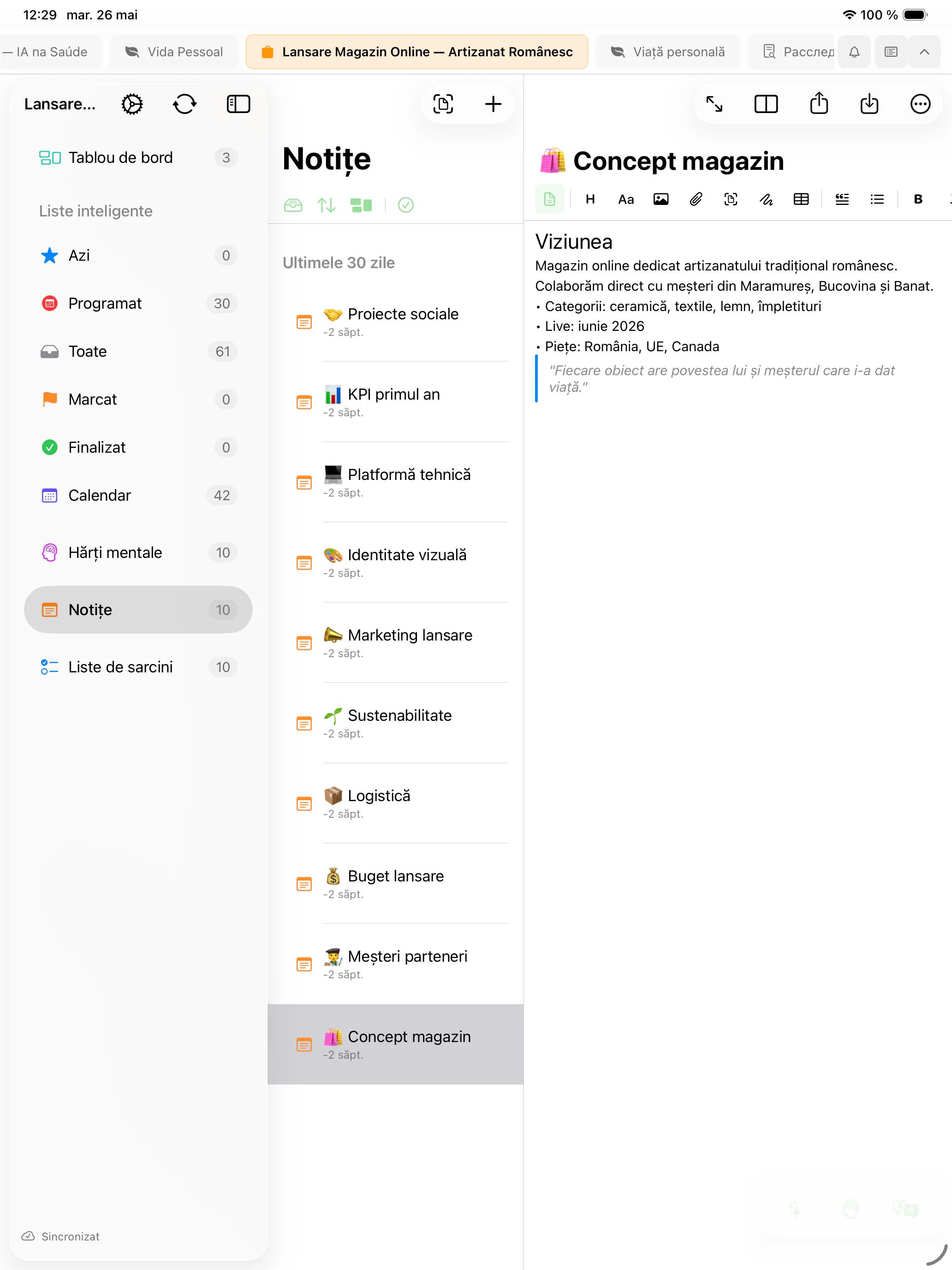 Mintofu rulând pe Mac, iPad și iPhone — afișând editorul de notițe, panoul hărții mentale și lista de sarcini cu priorități
