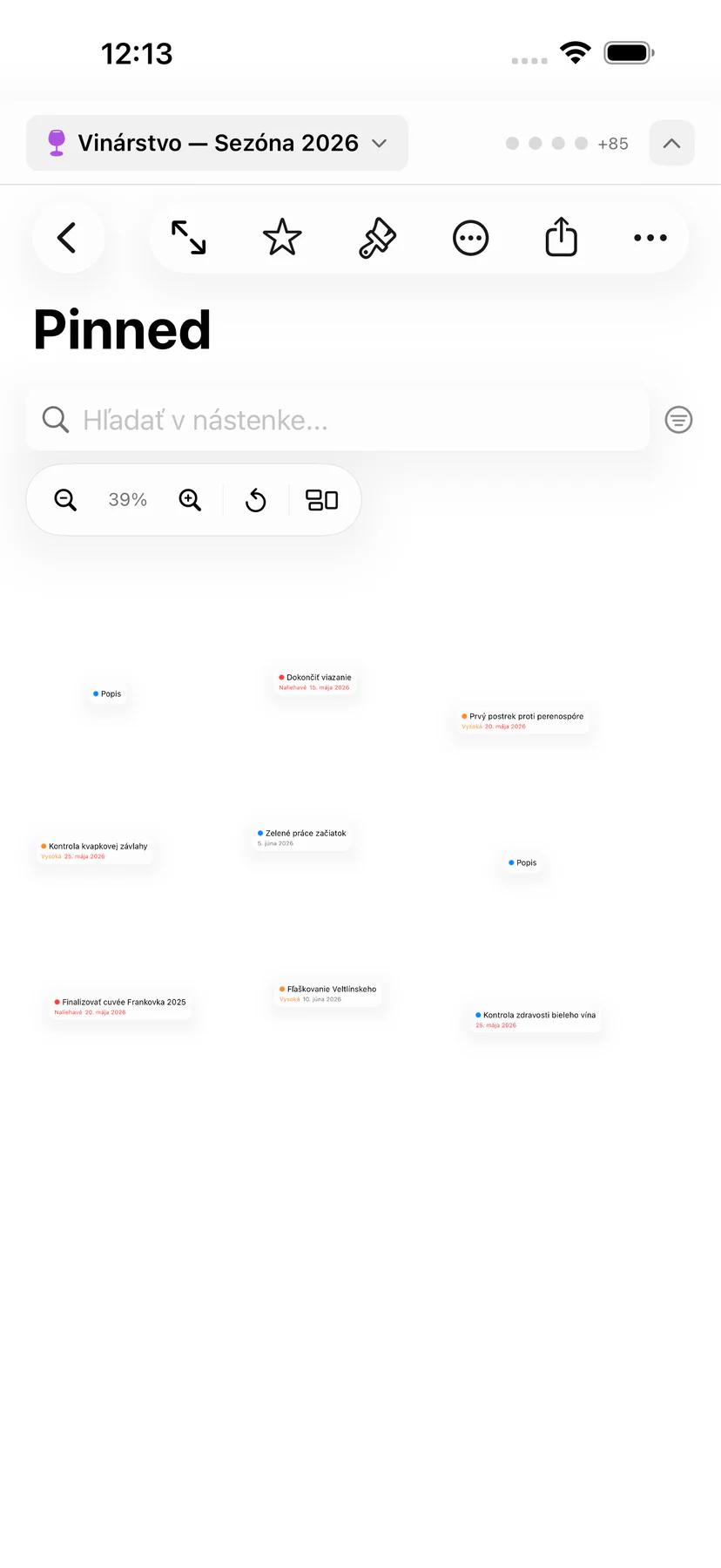 Post Board Mintofu s pripnutými a usporiadanými úlohami na voľnom plátne