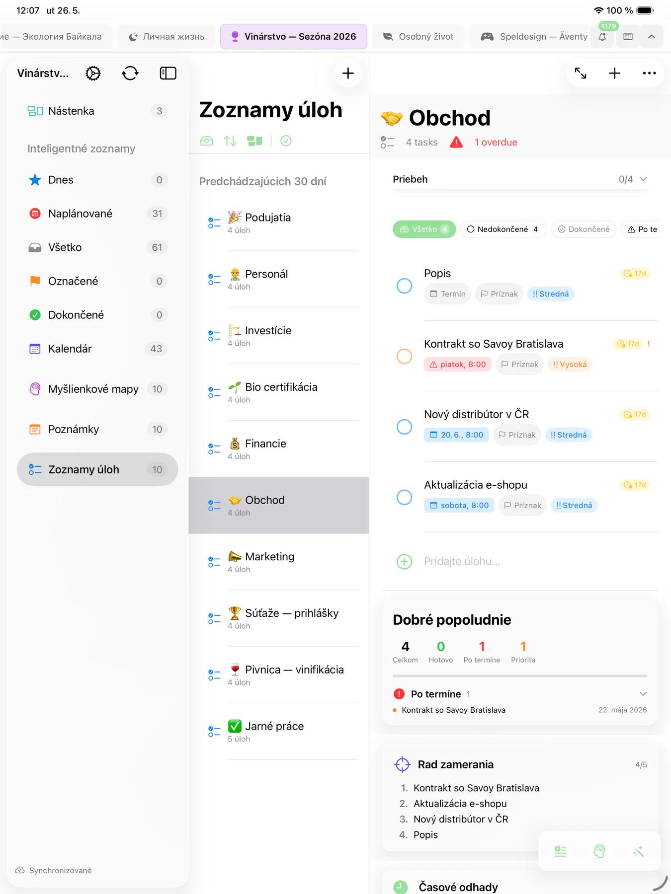 Smart Lists Mintofu s vlastnými pravidlami filtrovania a kanálom aktivít