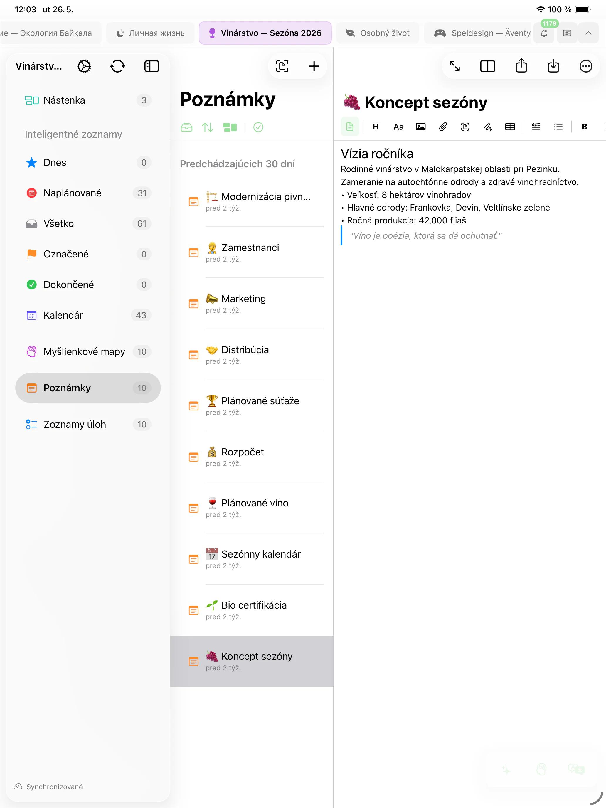 Mintofu bežiaci na Mac, iPad a iPhone — zobrazujúci editor poznámok, plátno myšlienkových máp a zoznam úloh s prioritami