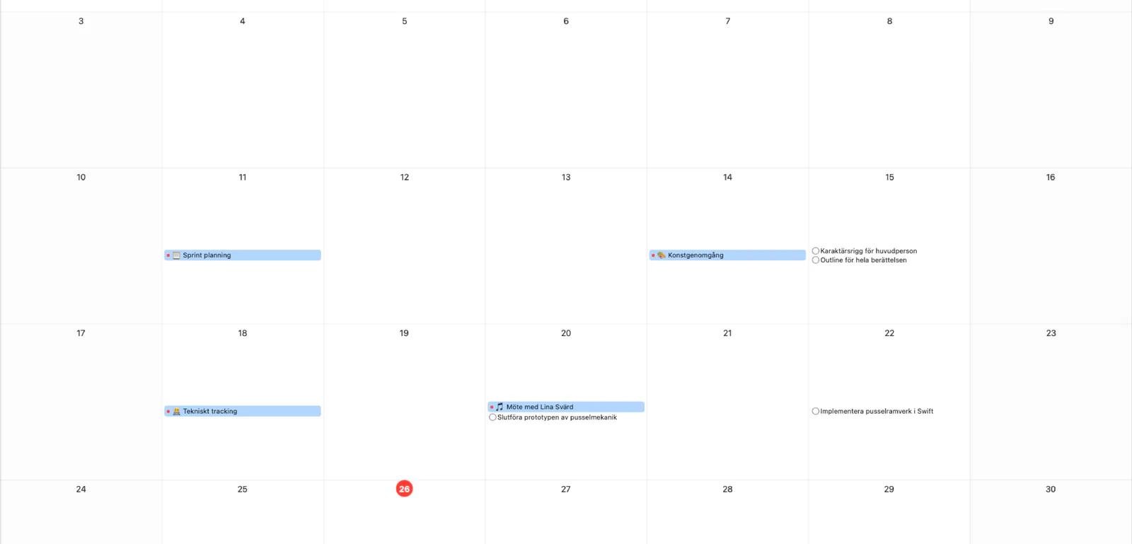 Mintofu kalender med månadsvy och händelseindikatorer