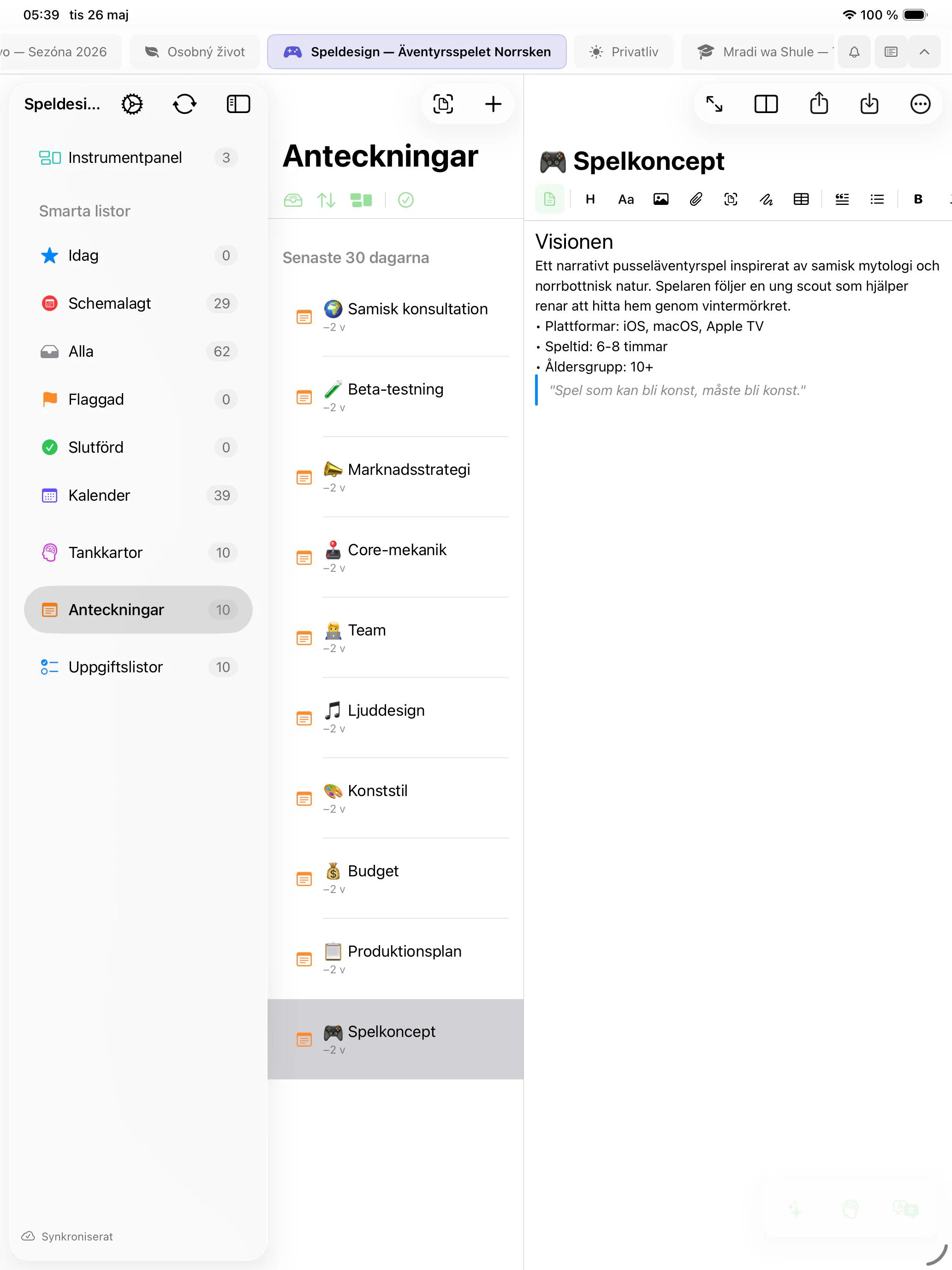 Mintofu körs på Mac, iPad och iPhone — visar anteckningsredigeraren, tankekartans canvas och uppgiftslistan med prioriteringar