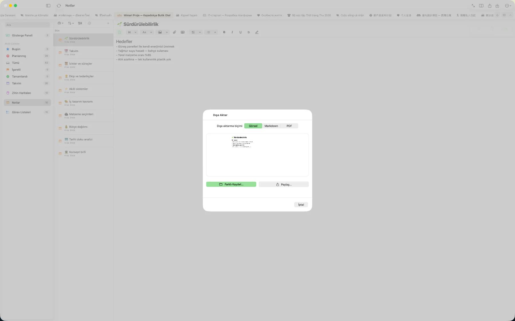 PDF, Markdown, Görüntü ve iCalendar format seçeneklerini gösteren Mintofu dışa aktarma diyaloğu