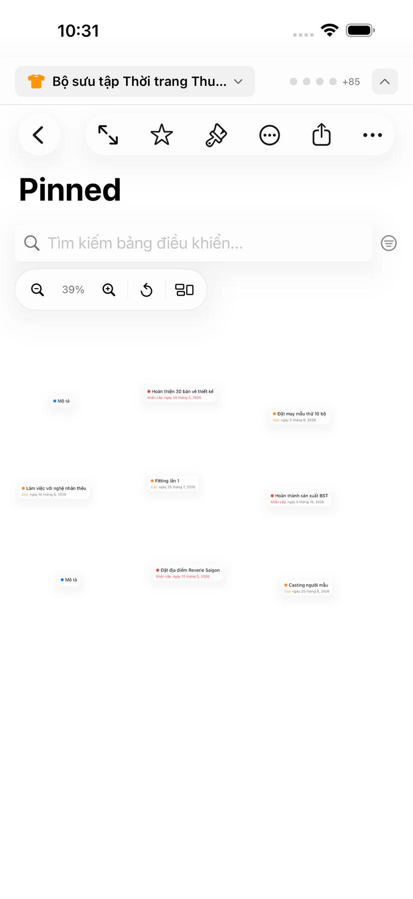 Bảng post Mintofu với các công việc được ghim và sắp xếp trên canvas tự do