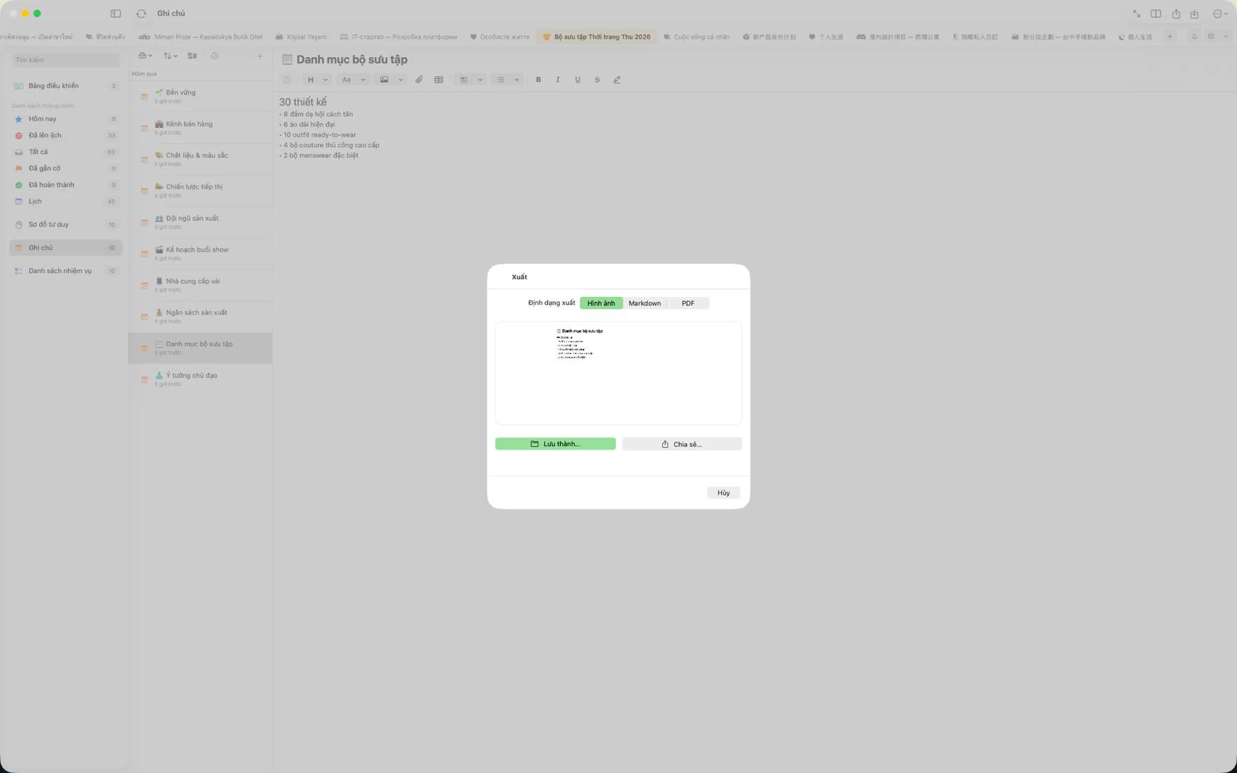 Hộp thoại xuất Mintofu hiển thị các tùy chọn định dạng PDF, Markdown, Hình ảnh và iCalendar