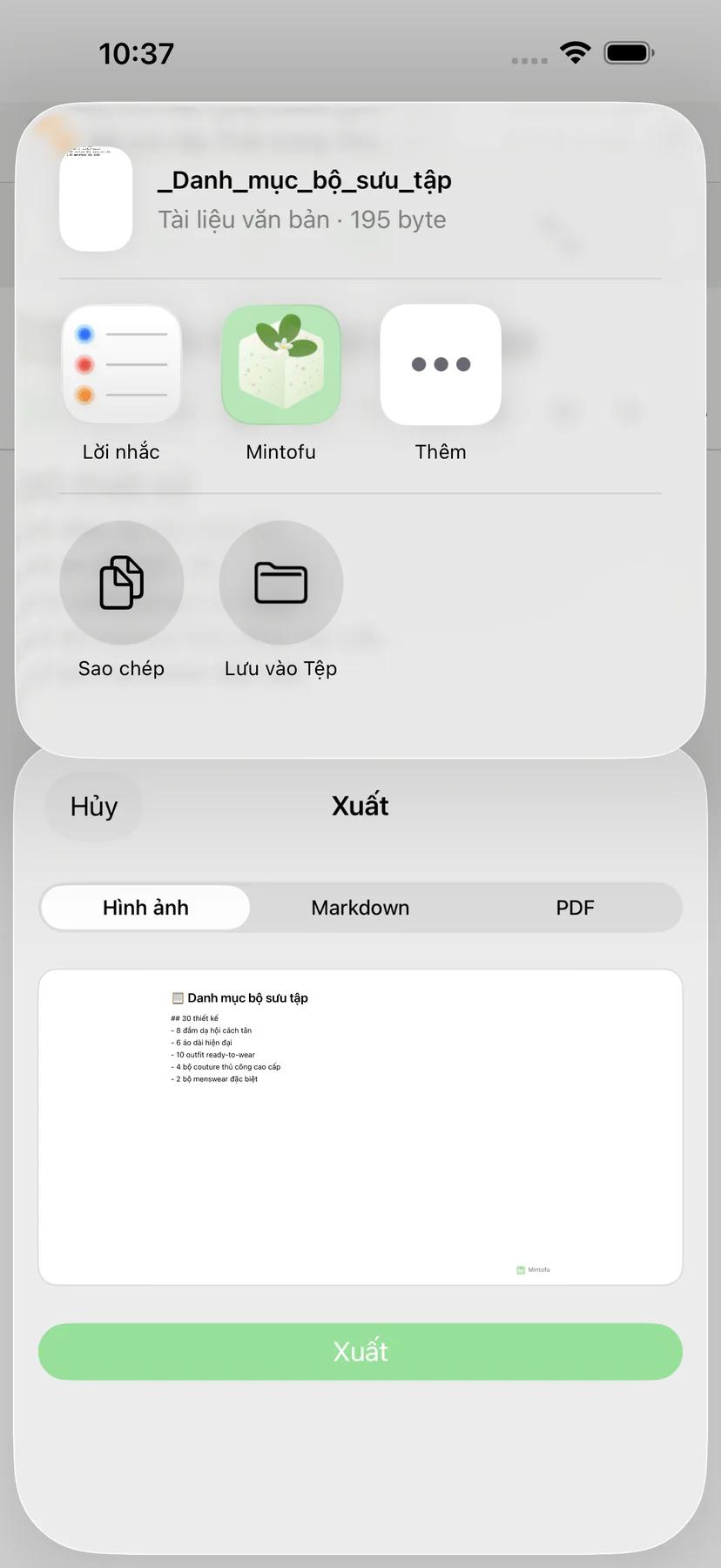 Share sheet Mintofu với các tùy chọn chia sẻ AirDrop, email và Messages