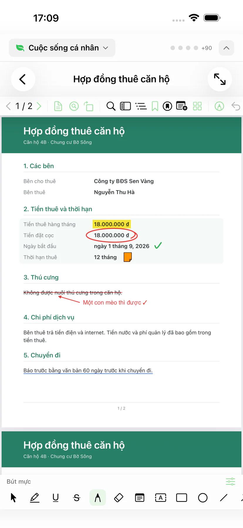 Mintofu trên iPhone hiển thị một PDF đã đánh dấu cùng thanh công cụ chú thích