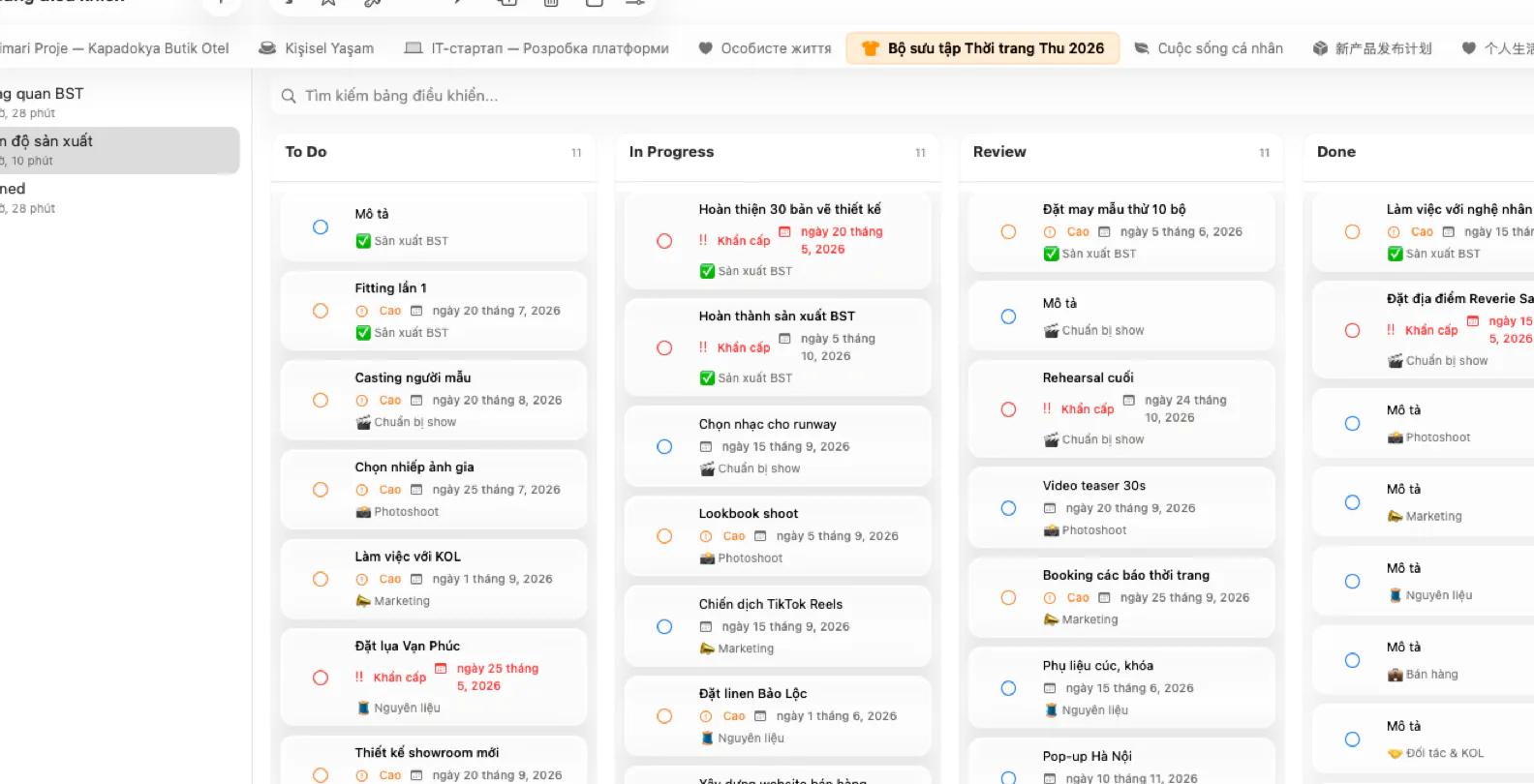 Bảng điều khiển Mintofu với bảng kanban và widget
